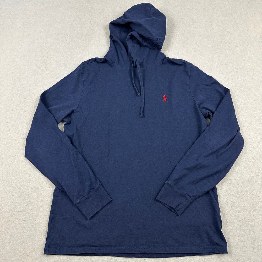 Polo Ralph Lauren Shirt Men Medium Blue Solid Pullover Tee Red Pony Hood M